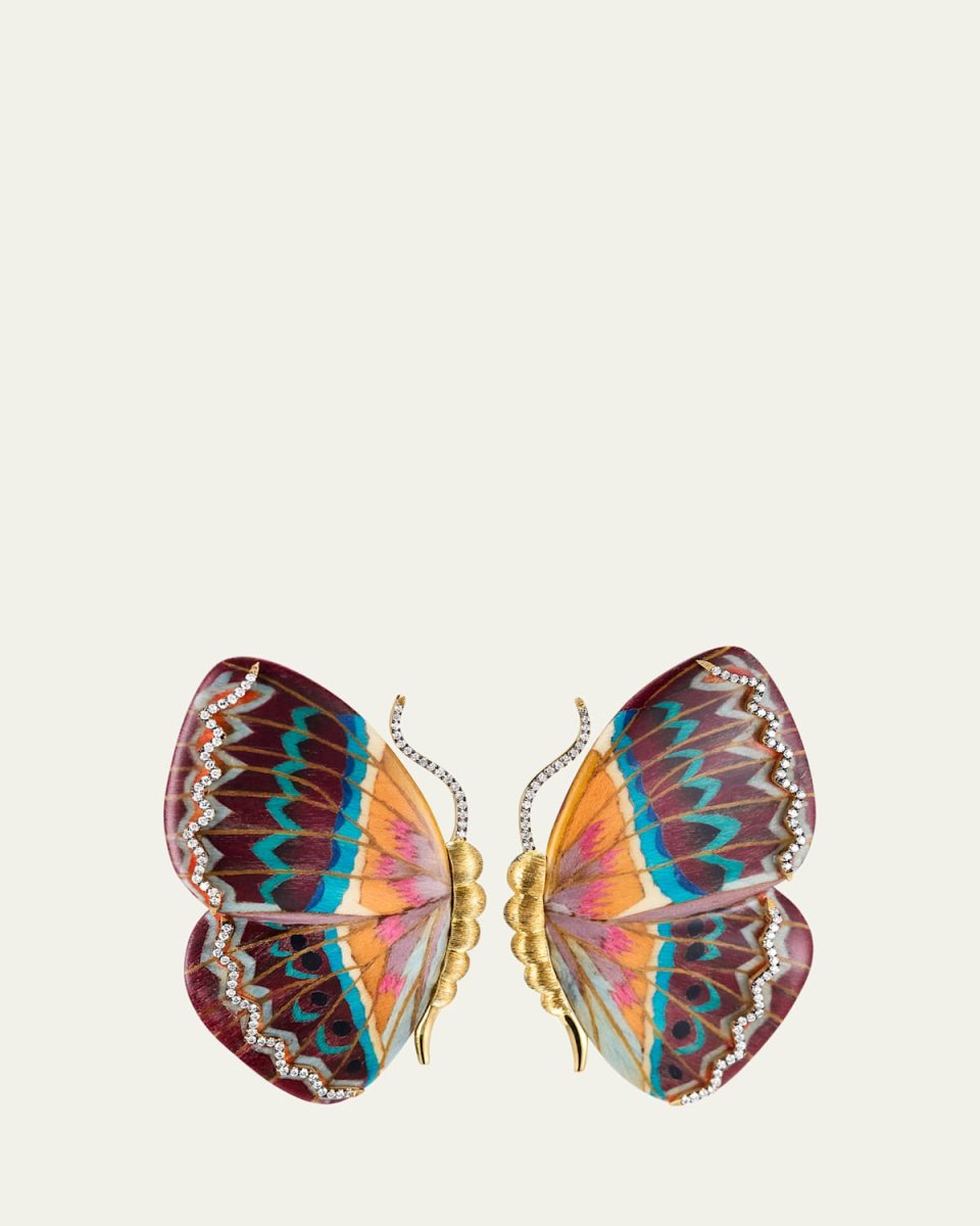 18K Yellow Gold Orange, Blue, Lilac and Burgundy Butterfly Wing Shaped Diamond Marquetry Earrings
